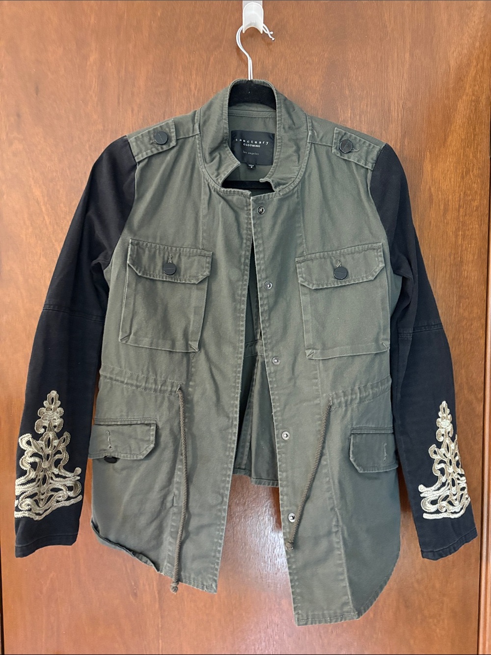 SANCTUARY Olive Green Military Jacket with Black Embroidered Sleeves